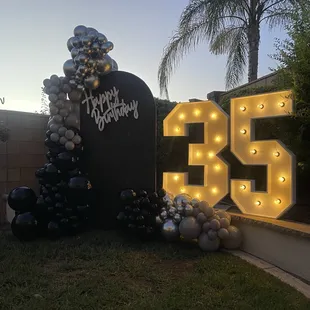 Setup of backdrop, balloons, happy birthday sign, and 35 marquee numbers.