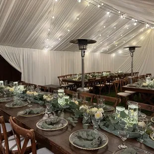 Rustic tables and cross backs 
Wedding setup