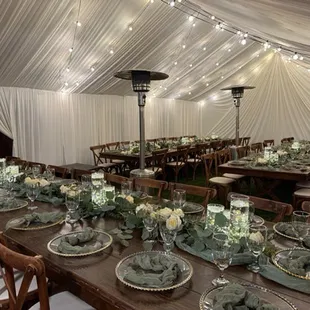 Rustic tables and cross backs 
Wedding setup