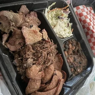 3 Meats &amp; 2 Sides hot links, pulled pork beans coleslaw