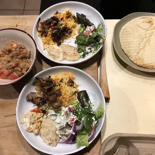 Foul medemus, lamb #6. Shawarma Lamb Platter, and Appetizer Plate with pita.