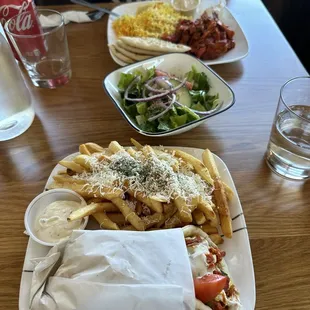 gyro, greek fries and chicken shawarma