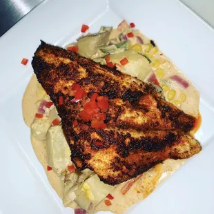 Blackened Catfish over Maque Choux!