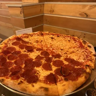 Half pepperoni, half cheese pizza