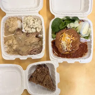 a meal in a styrofoam container