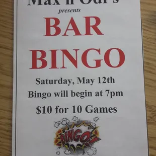 a sign for a bar bingo