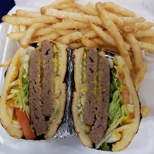 Savory Double Cheeseburger with fries
