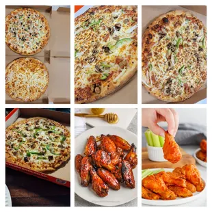 a collage of different pizzas and wings