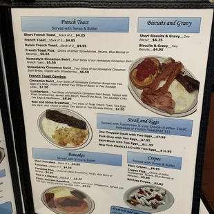 French toast , Biscuits &amp; Gravy, Steak and Eggs, Pancakes, Crepes