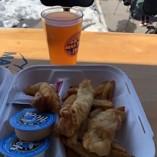 a tray of food and a drink