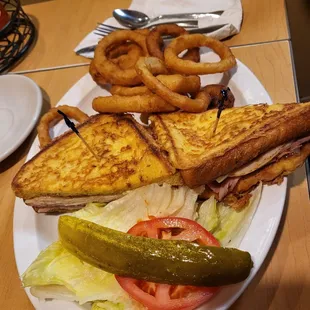 Monte Cristo with onion rings