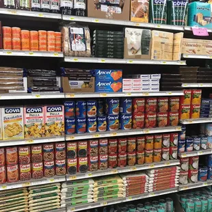 a grocery store shelf full of food