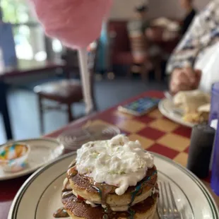 gluten free pancakes with berries and a massive cotton candy surprise