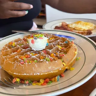 Waffles with fruity pebbles on the side