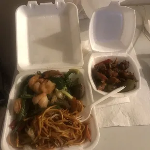 Three item combo with chow main, broccoli beef, Kung pao chicken and string bean shrimp.