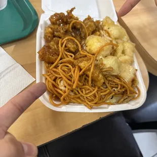 Honey walnut shrimp and spicy orange chicken.