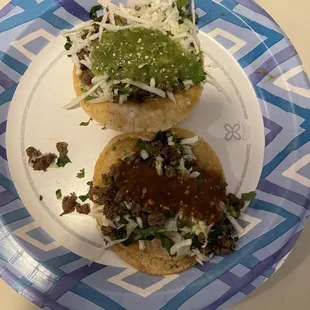 carne asada tacos with salsa verde (top) and salsa roja (bottom)