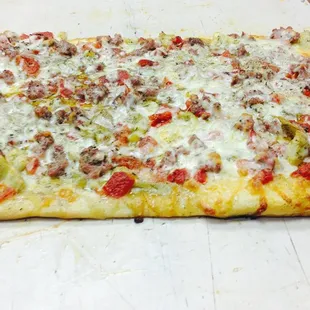 Specialty Pizza called the Gene&apos;s Original! Sausage, Artichokes, Red Roasted Peppers