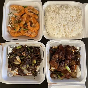 Hungry for this: salt and pepper shrimp, Mongolian beef and spicy pork. Delicious with white rice