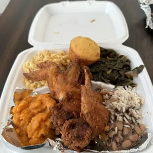 Chicken Wings, Baked Macaroni and Cheese, Collard Greens, Smashed Sweet Potatoes, Black Eyed Peas and Rice