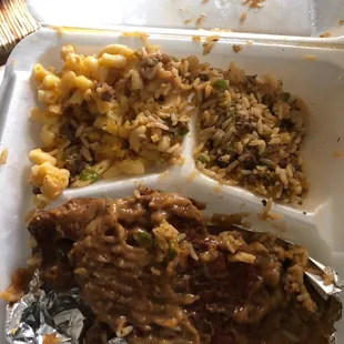 Smothered Fried Boneless Pork Chops with Baked Macaroni and Cheese and Dirty Rice after the car ride home