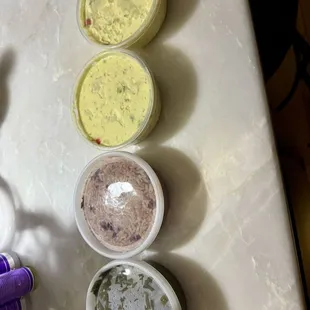 Potato salad, rice, and beans and collard greens