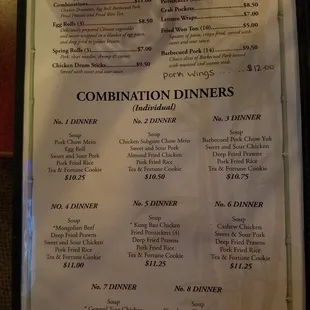 Appetizer &amp; Combination Dinner menu.