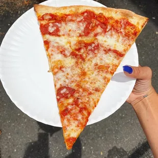 a slice of pizza on a paper plate