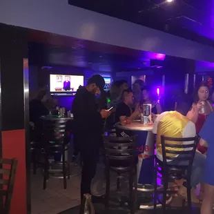 a group of people sitting at a bar