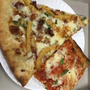 Sicilian slice and slice of pizza with French fries bacon, ranch, jalapeños