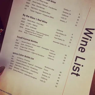 a menu for a wine tasting