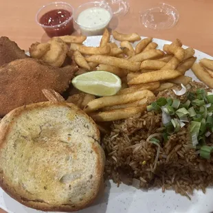 2fish-6shrimp-1stuff crab w/fries, house rice, bread $18.95