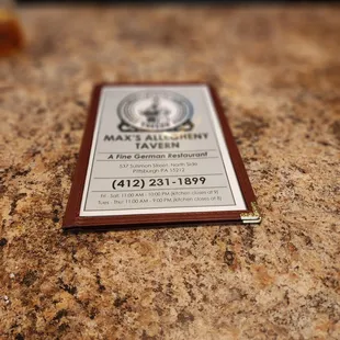 a business card on a counter