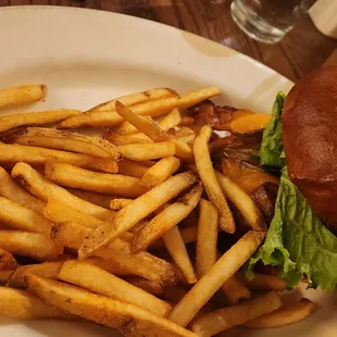 Burger &amp; fries with cheddar