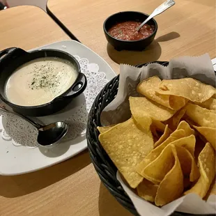 Cheese dip, salsa, chips
