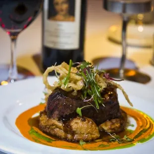 The Filet Mignon Entree with Truffled Mascarpone Tart and Brandy Peppercorn Demi Glace