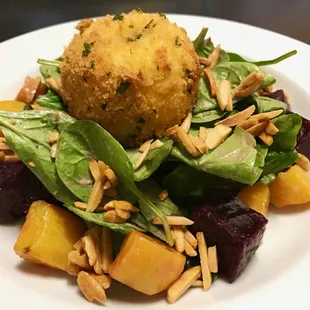 Beet &amp; Fried Goat Cheese- Red &amp; Golden Beets, Baby Spinach, Candied Almonds &amp; Raspberry Vinaigrette
