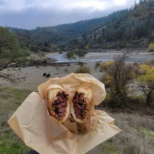 Brisket Banh Mi sandwich with the beautiful American River in the Auburn Confluence