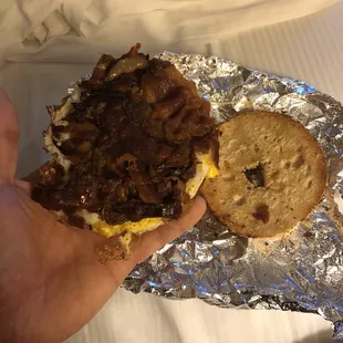 Bacon egg and cheese on an everything bagel