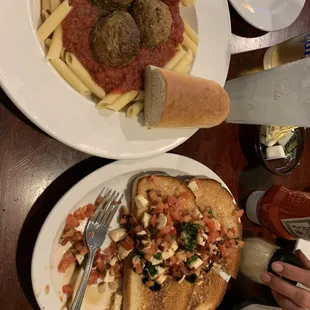 Amazing bruschetta and penne with meatballs