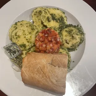 Three Cheese Ravioli with pesto and bruschetta