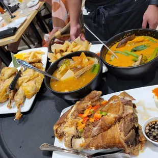 kare-kare, crispy pata (pork), fried chicken