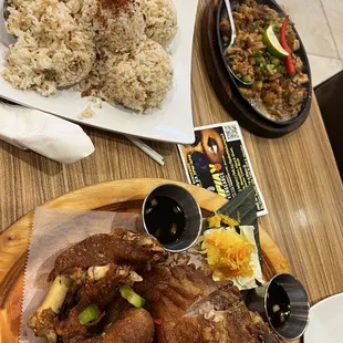 Crispy pata, garlic fried rice, lecheon sisig