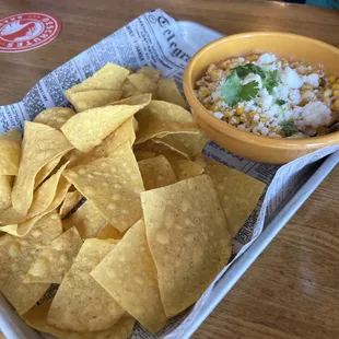 Mexican corn dip with fresh tortilla chips