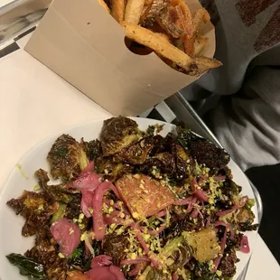 Crispy Brussels salad and fresh French fries. YUMMMM!!!