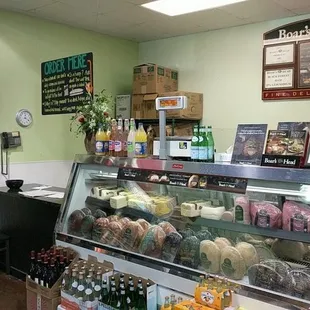 a display case of donuts