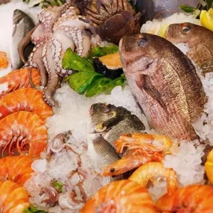 a variety of seafood on ice