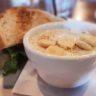 Half BLT on toast and cup of NE clam chowder, $9