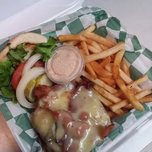 Cowboy Burger, Cajun fries, seasoned sour cream