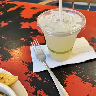 a drink and a plate of food